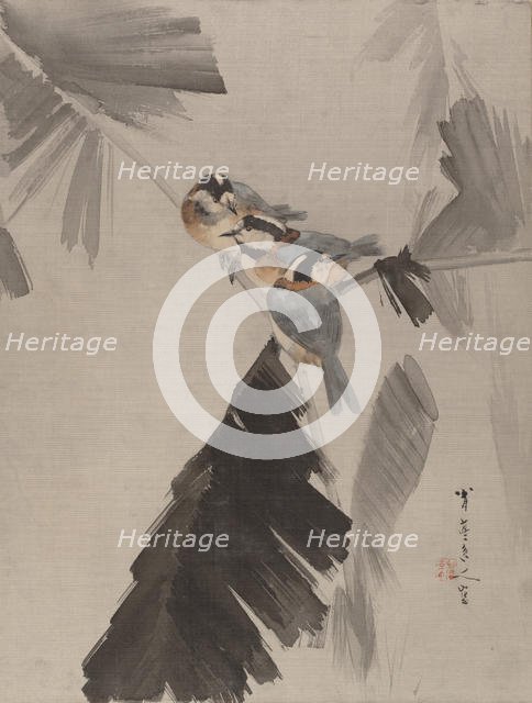 Three Birds on Branch, ca. 1887. Creator: Watanabe Seitei.