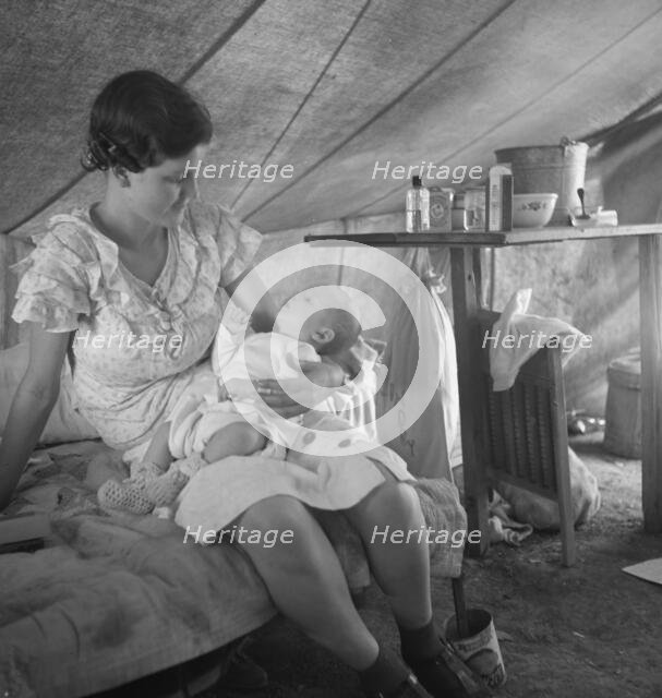 Young migrant mother with six weeks old baby born in a hospital with aid..., near Westley, CA, 1939. Creator: Dorothea Lange.