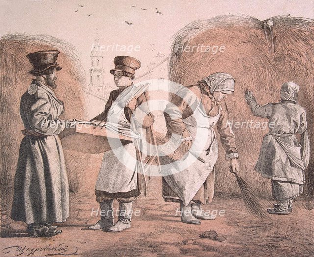 Street Pedlar of Pies and Coachman (From the Series These Are Our People), 1842. Artist: Shchedrovsky, Ignati Stepanovich (1815-1870)