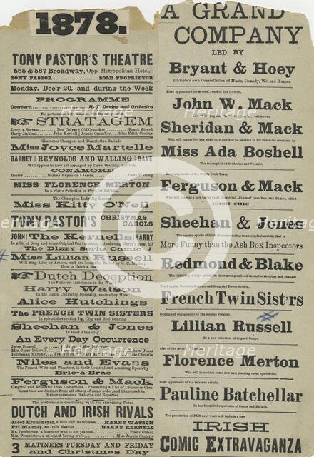 Two playbills advertising Tony Pastor's Vaudeville acts, ca. 1878.,  1875 - 1880. Creator: Unknown.