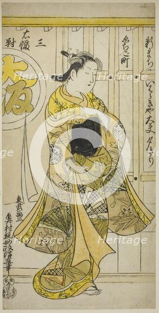 The Courtesan Yugiri of Ibarakiya, Osaka, from a triptych of beauties of the three..., c.1725/30. Creator: Okumura Masanobu.
