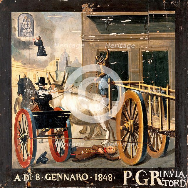 A man praying to the Madonna del Parto for a child run over by an ox-cart, 1848, 1848. Creator: Unknown.
