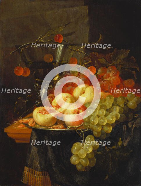 Still Life with Fruit and a Cherry Branch over a Berkemeyer Glass, c1658. Creator: Pieter de Ring.