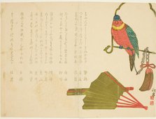 Parrot and Fans, 19th century. Creator: Tanaka Shutei.