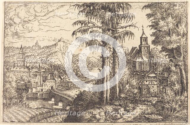 View of a Town near a River with a Church on the Right, 1553. Creator: Hans Sebald Lautensack.