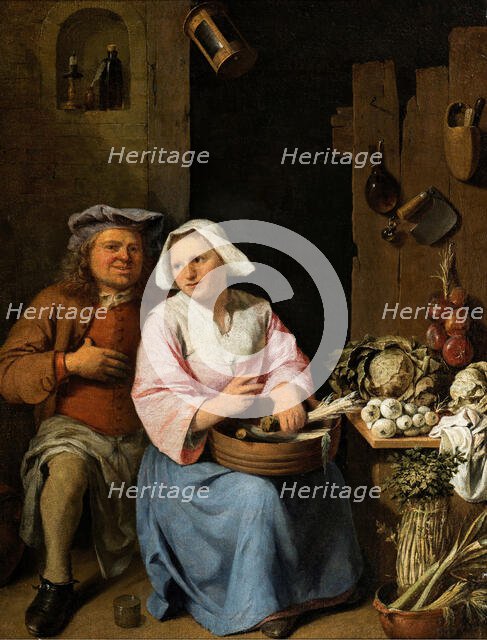 Amorous Couple in the Kitchen, 1702. Creator: Nicolas van Haeften.