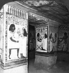 Painted tomb chamber hewn in the rock of the cliffs at Thebes, Egypt, 1905.Artist: Underwood & Underwood