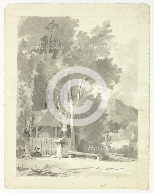 Classical Urn in Front of a Shed, with Temple and Mountain in Background, n.d. Creator: Pierre Antoine Mongin.