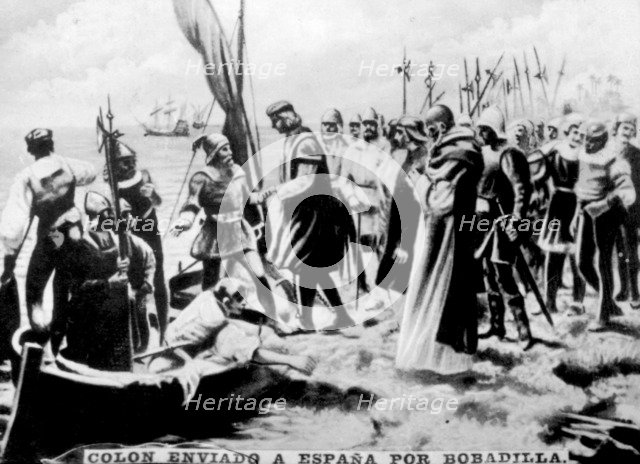 Colombus sent to Spain, (16th century), 1920s. Artist: Unknown