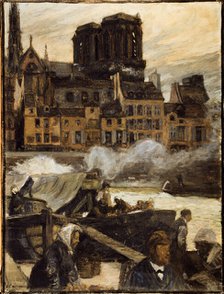 Notre-Dame and the Quai aux Fleurs seen from the apple market, in 1901. Creator: Pierre Louis Moreau.