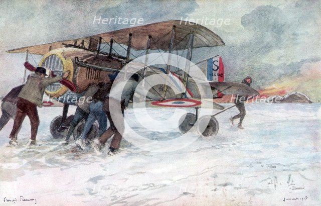 'Ground crew attending to a French Spad on a snow-covered field', 1918, (1926).Artist: Francois Flameng
