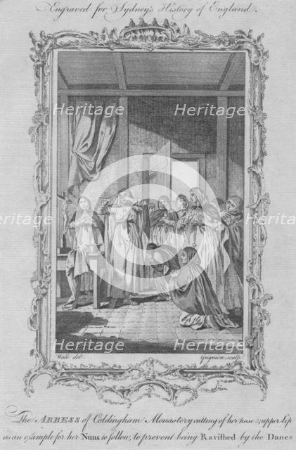 The Abbess of Coldingham Monastery self-mutilating  to avoid rape by Viking invaders', 1773. Creator: Charles Grignion.