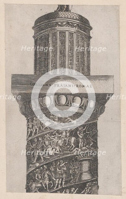 Speculum Romanae Magnificentiae: The upper portion of Trajan's Column, showing ara..., 16th century. Creator: Master GA.