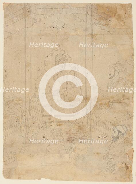 Akbar Offering Timur's Crown to Shah Jahan, Mughal period (1526-1857), ca. 1650-1700. Creator: Unknown.