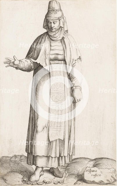 Costume Plate: Hispana Rustica (with label on rock), ca. 1557-58. Creator: Enea Vico.