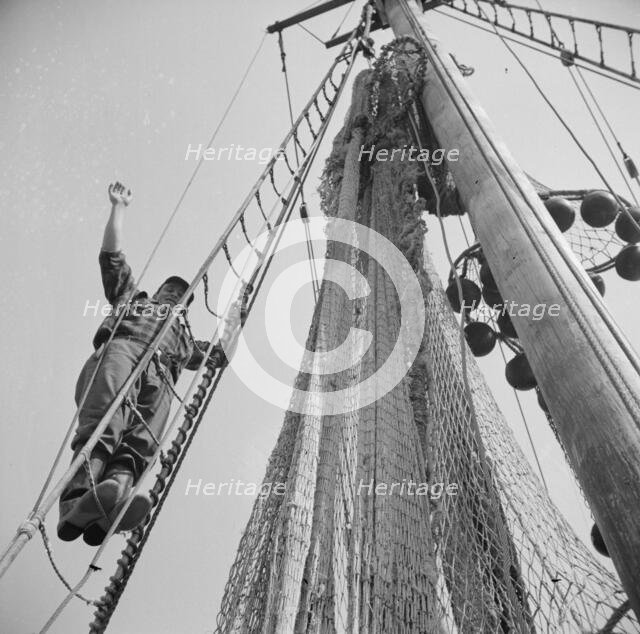 Gloucester fisherman standing in the rigging of a New England fishing boat, New York, 1943. Creator: Gordon Parks.