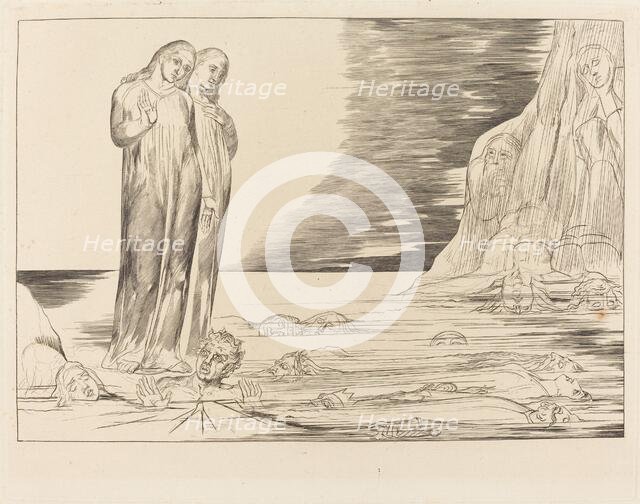 The Circle of the Traitors; Dante's Foot Striking Bocca degli Abbate, 1827. Creator: William Blake.