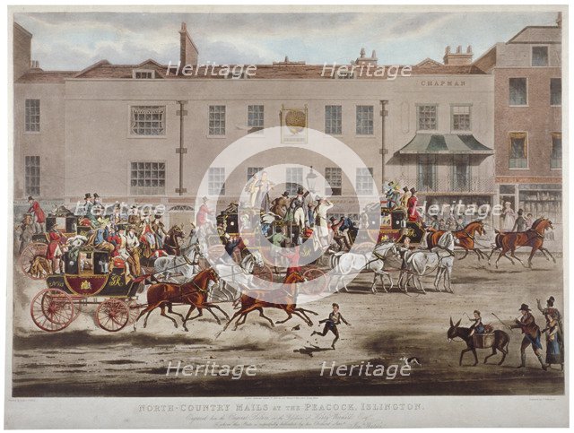 Mail coaches in front of the Peacock Inn on Islington High Street, London, 1823.                     Artist: Thomas Sutherland