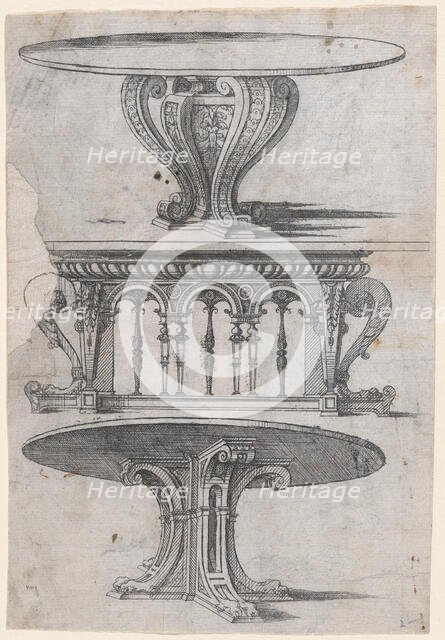 Three Table Designs, 1565-70. Creator: Jacques Androuet Du Cerceau.