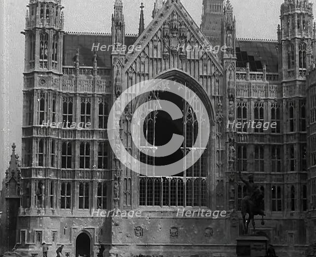 The Palace of Westminster and the Statue of Richard the Lionheart, Damaged by German Bombing, 1941. Creator: British Pathe Ltd.