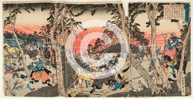 Battle scene in the sunset, 1843. Creator: Sadahide, Utagawa (1807-1873).