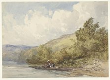 Hilly landscape with a lake and a boat with two figures, 1822-1908. Creator: William Callow.