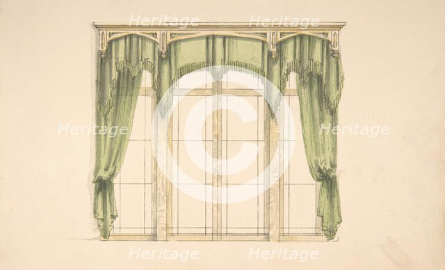 Design for Green Curtains with Green Fringes and a Gold Pediment, early 19th century. Creator: Anon.