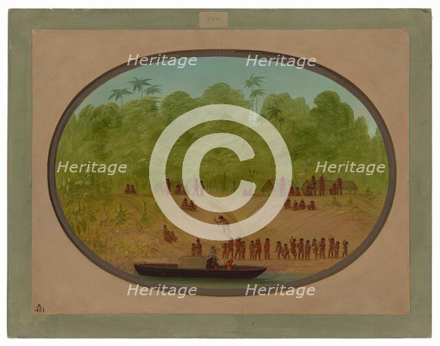 An Omagua Village - Boat Sketch, 1854/1869. Creator: George Catlin.