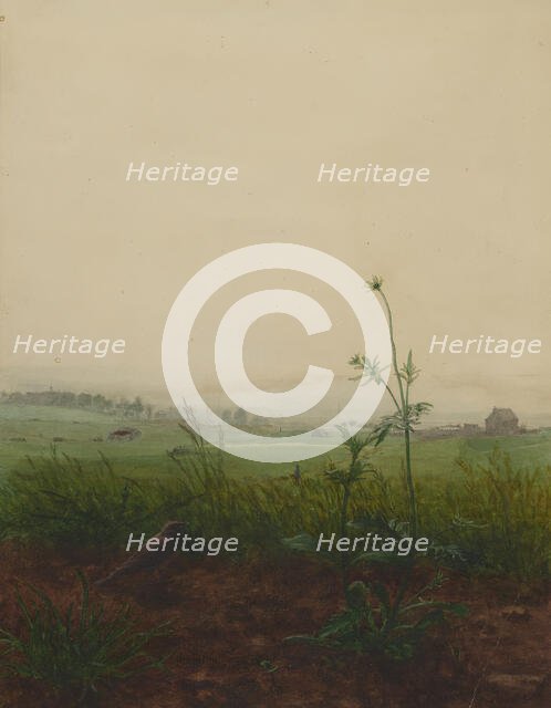 Blackbird and Scabious in front of a Landscape, 1864. Creator: Leon Bonvin.