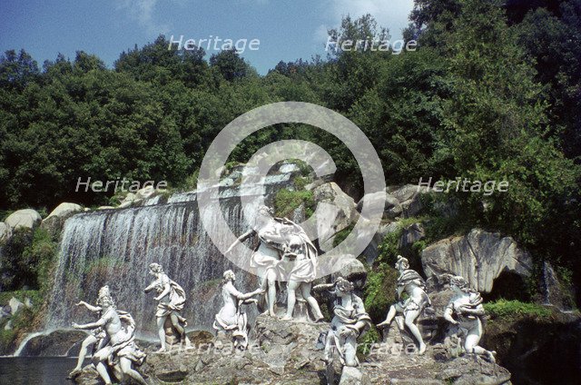 Sculpture by a cascade, Palace of Caserta, Campania, Italy.