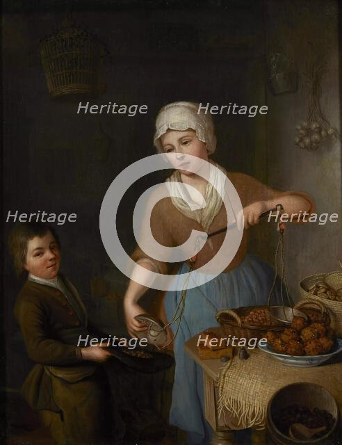 A pantry scene with a maid and boy weighing hazelnuts, 1756. Creator: Rijnenburg, Nicolaas (1716-1802).