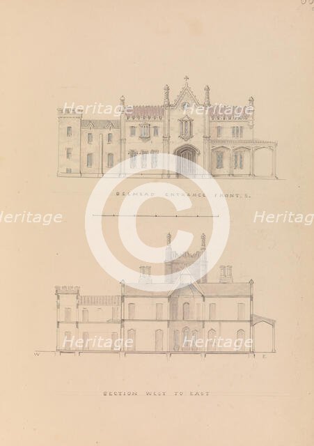 Belmead, James River, Virginia: Entrance façade and west-east section (recto)..., 1845. Creator: Alexander Jackson Davis.