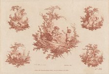 Singerie with Four Vignettes of Dogs Hunting, 1773. Creators: Gilles Demarteau, Jean Baptiste Marie Huet.