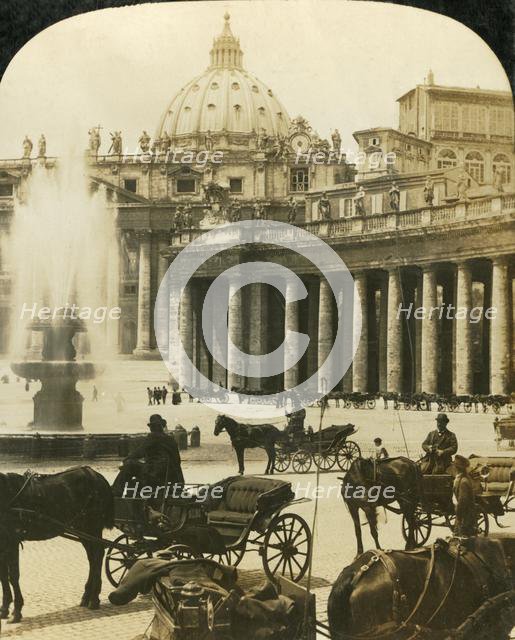Carriages by the fountain in St Peter's Square, Rome, Italy, c1909.  Creator: George Rose.