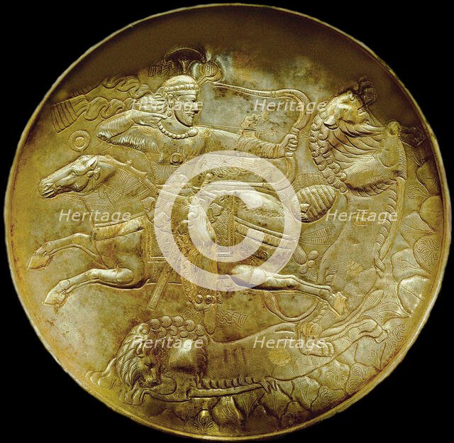Plate with an archer hunting lion, ca. 250-ca. 650. Creator: Sassanian Art.