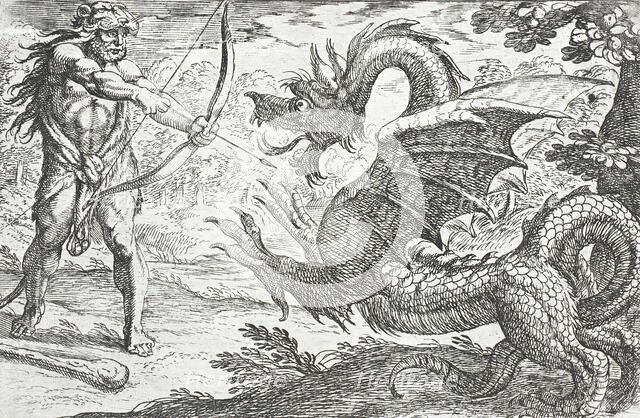 Hercules and the Serpent Ladon, 1608. Creators: Antonio Tempesta, Nicolaus van Aelst.