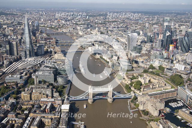 Looking west along the River Thames from Tower Bridge, Southwark, London, 2021. Creator: Damian Grady.