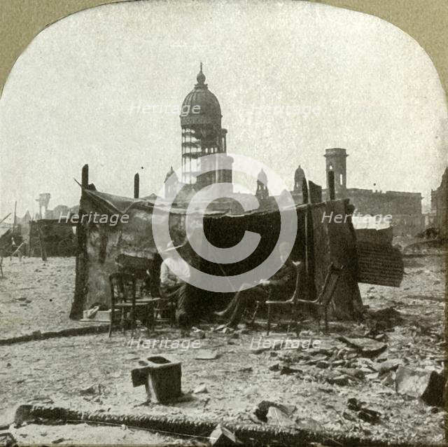 'Refugee camp made of scraps [of] corrugated sheet iron gathered from the ruins', 1906.  Creator: Unknown.