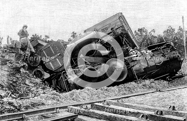 Railway accident in Saint-Brieuc. The two locomotives and tender, in July 1895, engraving of the …