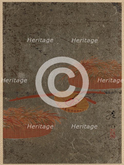 Flower Baskets and Farmer's Hat, ca. 1880s. Creator: Shibata Zeshin.