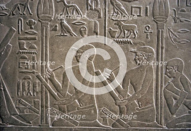 Relief depicting scribes, Mastaba of Mereruka, Saqqara, Egypt, Old Kingdom, 2340 BC (2003). Creator: Unknown.