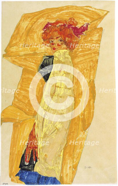 Gerti in front of Ochre-Colored Drapery, 1910. Creator: Schiele, Egon (1890-1918).
