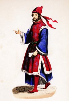 German nobleman from the Middle Ages, colored engraving.