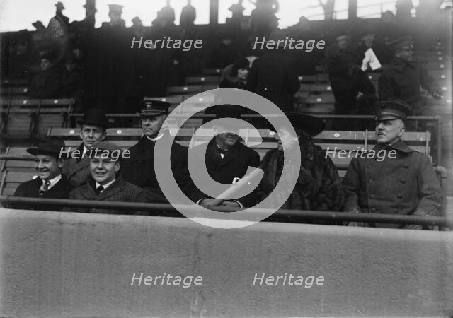 Marine Corps, U.S.N. Machine Gun Unit Demonstration at Ball Park - Daniels And Gen. Barnett, 1917. Creator: Harris & Ewing.