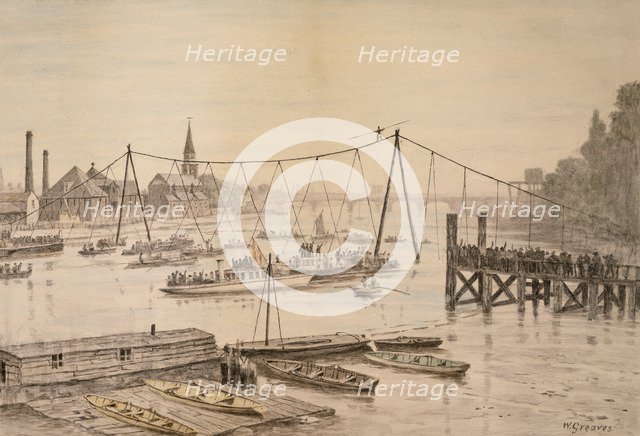 Charles Blondin crossing the Thames on a tightrope, London, before 1897.  Artist: Walter Greaves