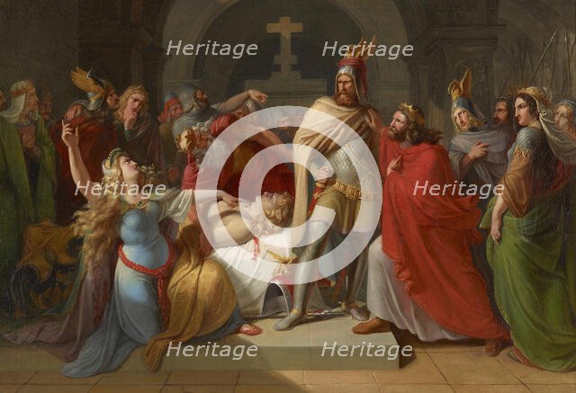 Kriemhild at Siegfried's body declares Hagen as his murderer and swears revenge, 1835. Creator: Rahl, Carl (1812-1865).