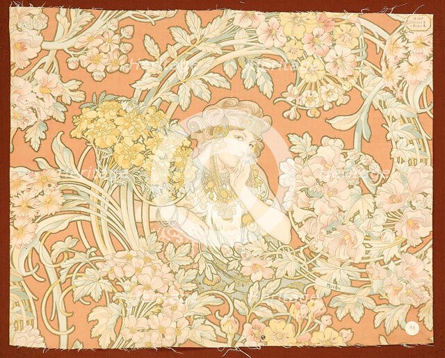 Woman among flowers (printed fabric), 1898-1899. Creator: Mucha, Alfons Marie (1860-1939).