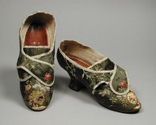 Pair of woman’s shoes with straps for shoe buckles, England, c.1770. Creator: Unknown.