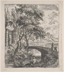 Plate 7: two figures at right about to cross a stone bridge, a fisherman in the for..., ca. 1700-25. Creator: Franz Joachim Beich.