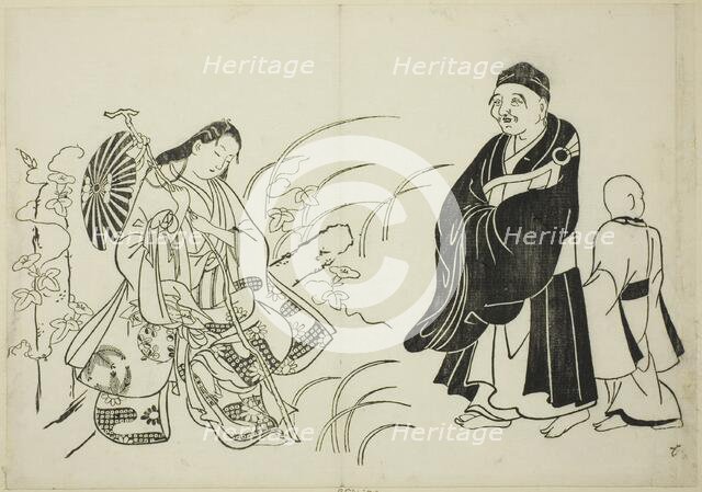 Komachi resting on a stupa, no. 6 from a series of 12 prints, c. 1708. Creator: Okumura Masanobu.